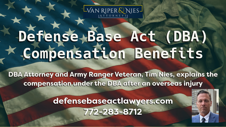 Photo in background of an American flag with a photo of DBA lawyer Tim Nies and text regarding Defense Base Act DBA compensation benefits 