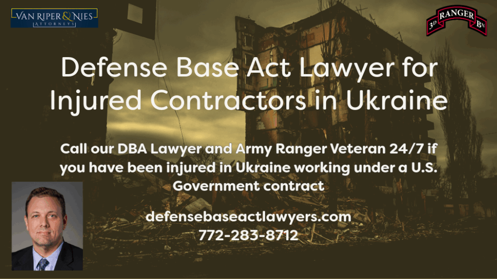 Photo of DBA lawyer Tim Nies with photo of damage in Ukraine from a missile strike with text regarding Defense Base Act Law for Injured Contractors in Ukraine