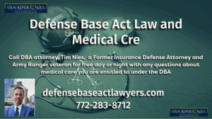 Photos of medical equipment and medic helmet with photo of Defense Base Act lawyer Tim Nies and words regarding the DBA and medical care