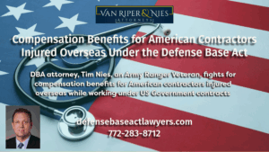 American flag in background with medical device and photo of DBA lawyer Tim Nies with text regarding compensation benefits under the DBA
