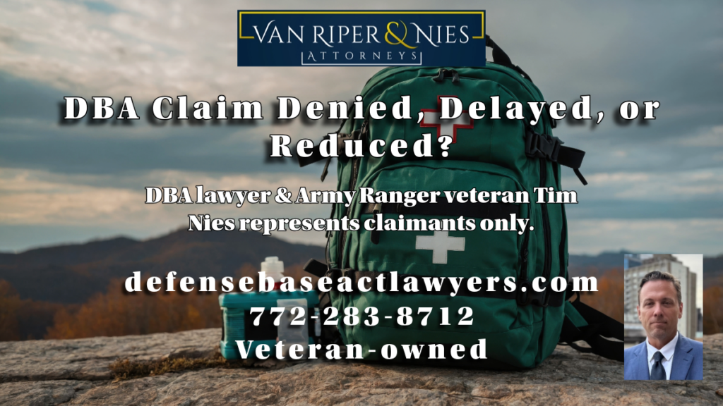 Text regarding DBA claim denied. Photo of DBA lawyer Tim Nies. Photo of a medical bag